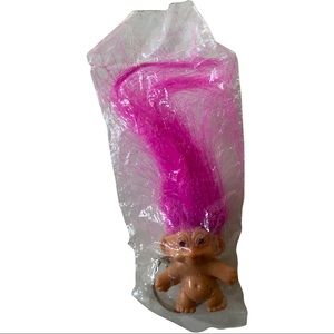 Vintage Lucky Treasure Troll with Pink Hair 2" Keychain Fob Keyring NOS
